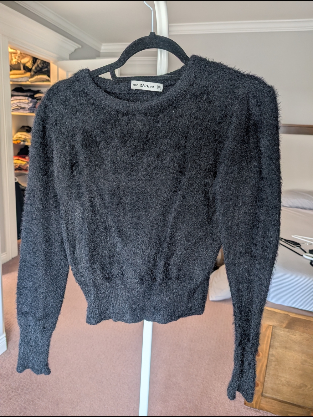 Zara Black Fuzzy Crew Sweater - Soft Textured Knit